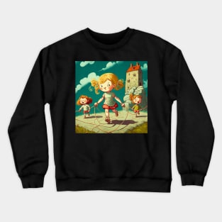 Cartoon image of young girls playing jump rope. Crewneck Sweatshirt